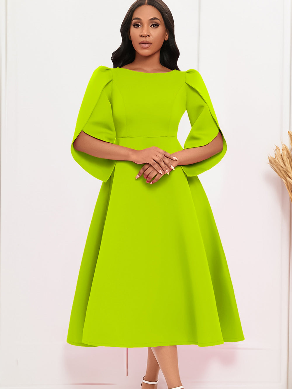 Damen Kleid mit voluminösen Puffärmeln und schwingendem Rock Heidi-Mode