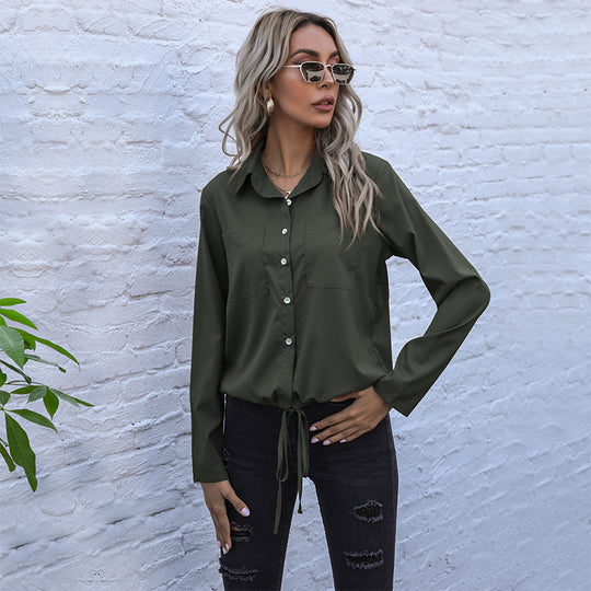 Damen Elegante Bluse mit Krawattenverschluss und Brusttaschen Heidi-Mode