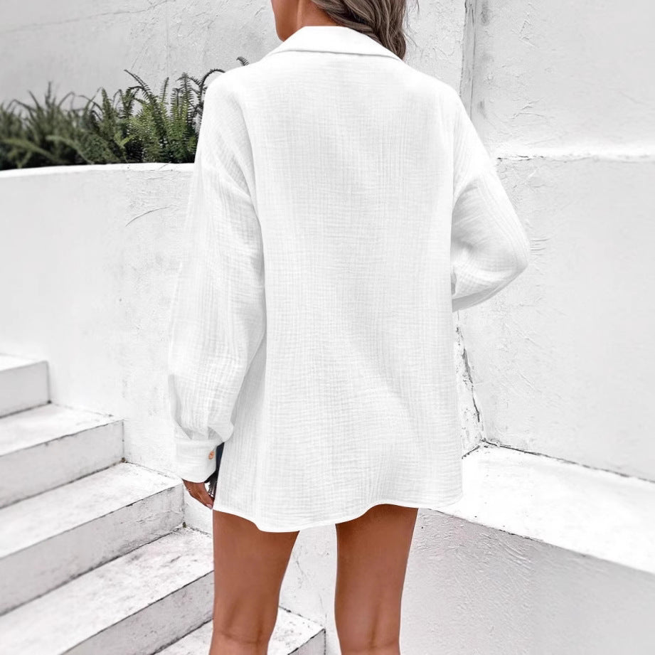 Damen lässige Baumwollbluse mit Knopfdetails und V-Ausschnitt Heidi-Mode