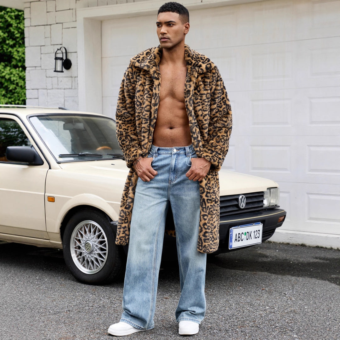 Herren Luxus Kunstpelzmantel mit Leopardenmuster Heidi-Mode
