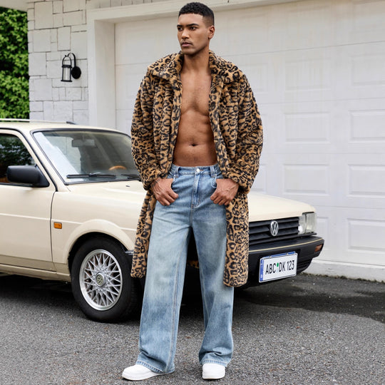 Herren Luxus Kunstpelzmantel mit Leopardenmuster Heidi-Mode