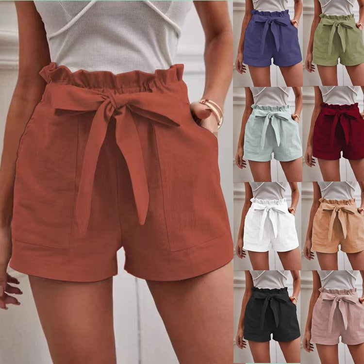 Damen kurze Lockere Leinenhose mit Bindegürtel Heidi-Mode