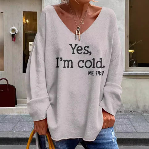 Damen Oversized Pullover mit modernem V-Ausschnitt und aufgedrucktem Statement Heidi-Mode