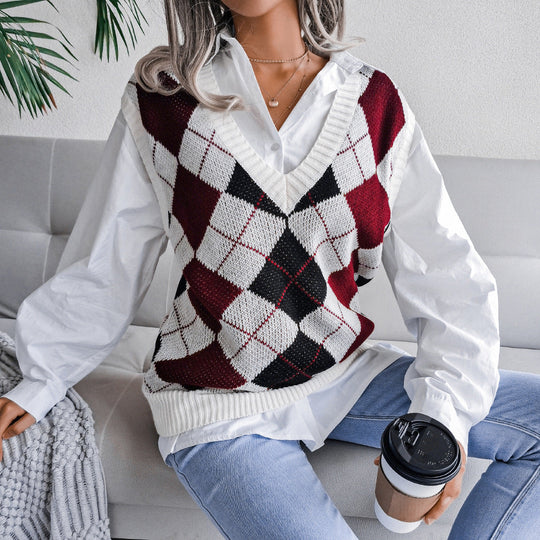 Heidi-Mode | Damen Argyle Strickwesten mit Langarmbluse