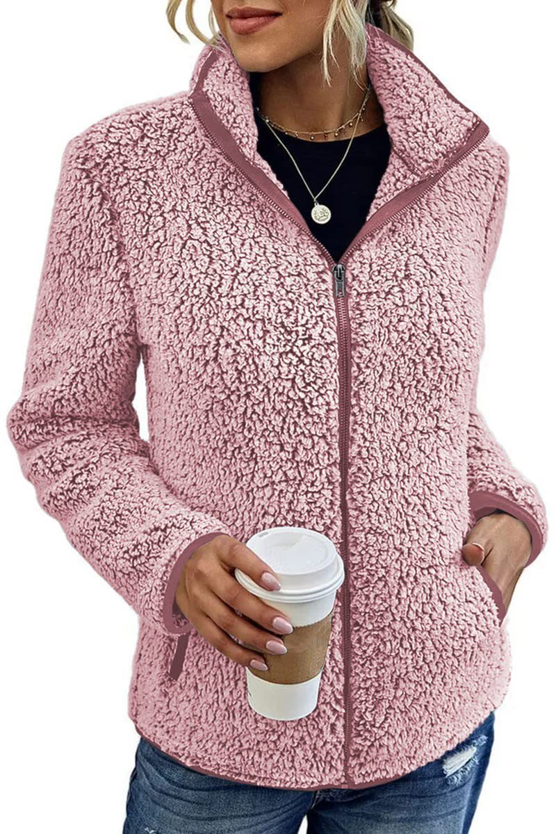 Damen kuschelige Fleecejacke mit hohem Kragen und praktischen Taschen Heidi-Mode