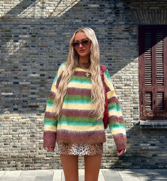 Damen Trendiger Pullover mit buntem Streifenmuster und lässigem Schnitt Heidi-Mode