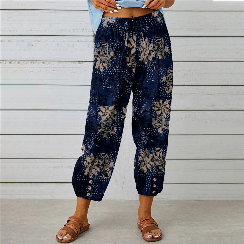 Damen lässige Pant mit floralem Druck und praktischen Knöpfen Heidi-Mode
