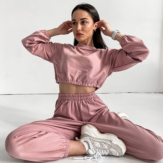 Damen lässiges Trainingsanzug-Set mit cropped Oberteil und weiten Hosen Heidi-Mode