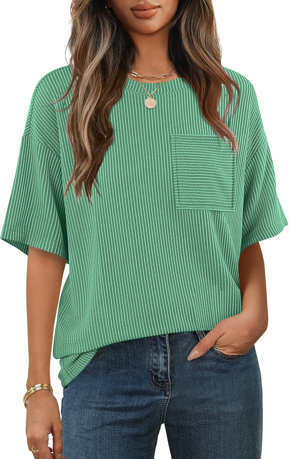 Damen lässiges gestreiftes T-Shirt mit Brusttasche Heidi-Mode