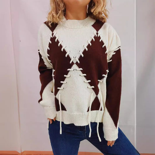 Damen gemütlicher Strickpullover mit auffälligem Design und modernen Schnürdetails Heidi-Mode