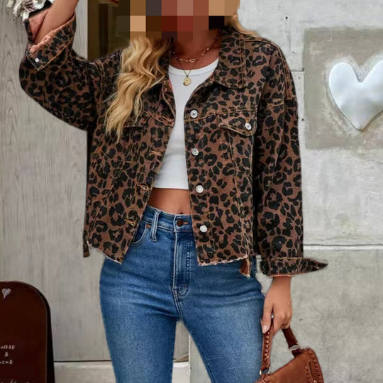 Damen Jeansjacke mit Leopardenmuster und lässigem Schnitt Heidi-Mode