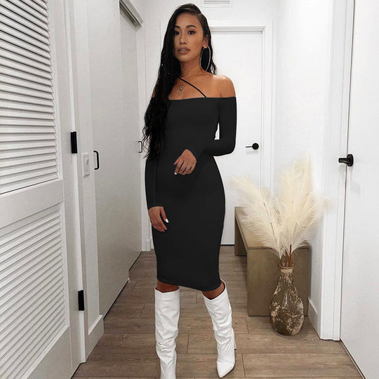 Damen figurbetontes Off-Shoulder-Minikleid mit langen Ärmeln Heidi-Mode