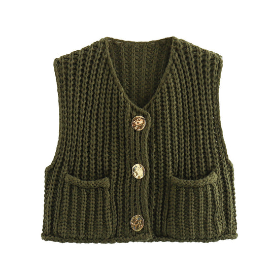 Damen Strickweste mit knopfverzierter Front und Taschen Heidi-Mode