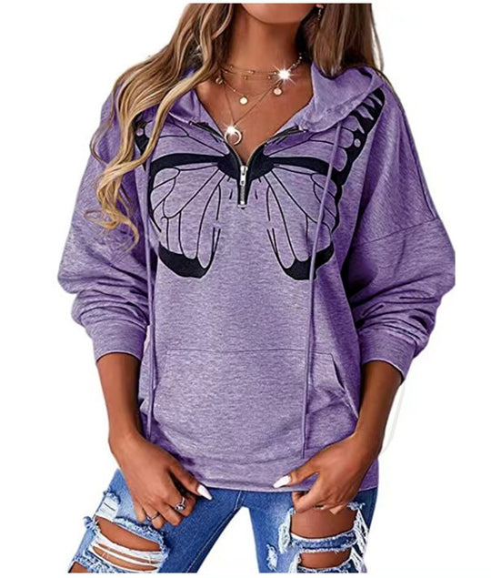 Damen lässiger Kapuzenpullover mit Schmetterlingsdruck und Halber Reißverschluss Heidi-Mode