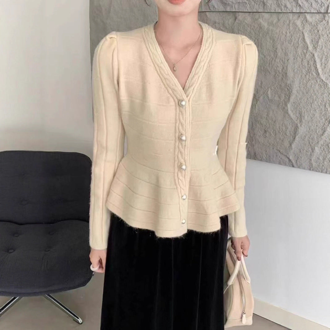Damen elegante Strickjacke mit strukturiertem Design und femininen Puffärmeln Heidi-Mode