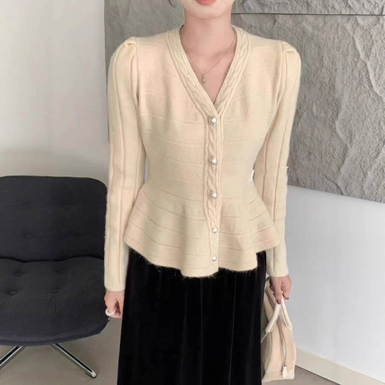 Damen elegante Strickjacke mit strukturiertem Design und femininen Puffärmeln Heidi-Mode