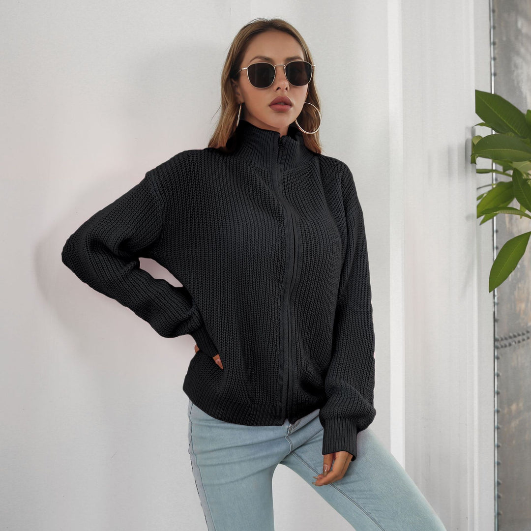 Damen lässiger Strickpulli mit hohem Kragen und Reißverschluss Heidi-Mode