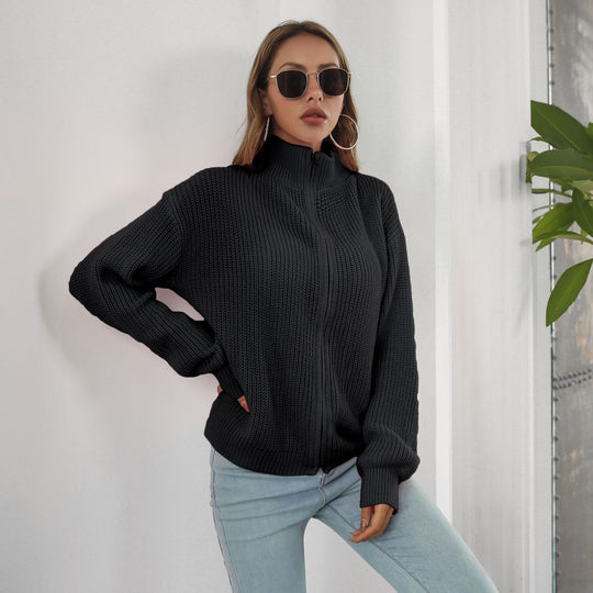 Damen lässiger Strickpulli mit hohem Kragen und Reißverschluss Heidi-Mode
