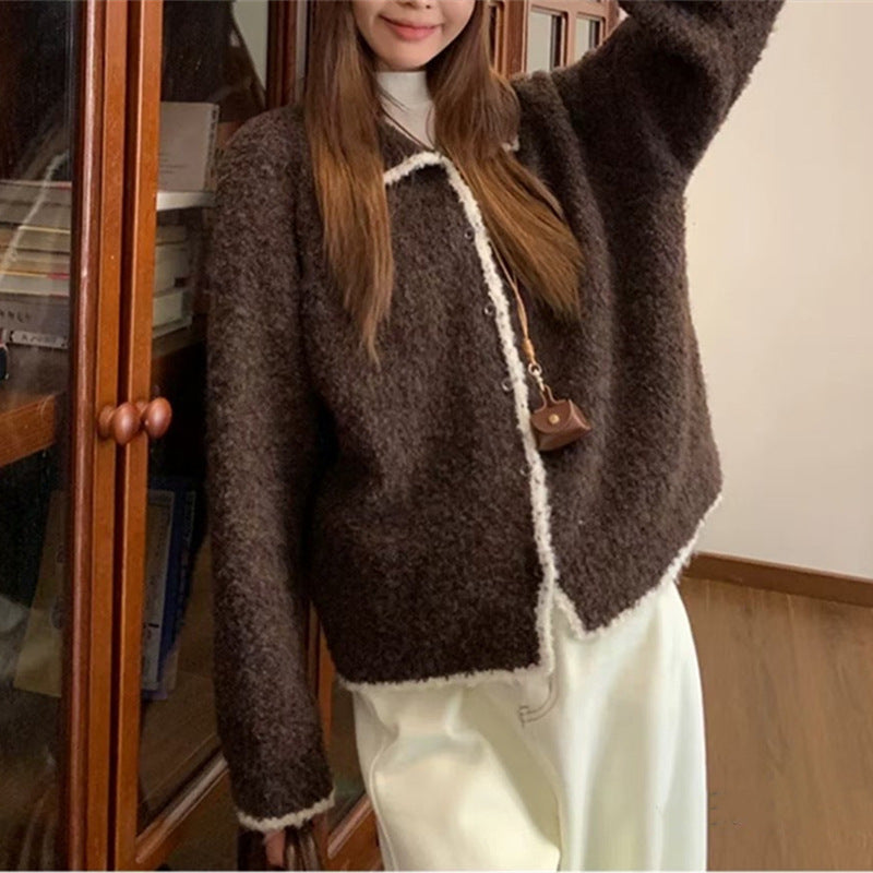 Damen kuscheliger Strickcardigan mit Kontrastdetails und kragen Heidi-Mode