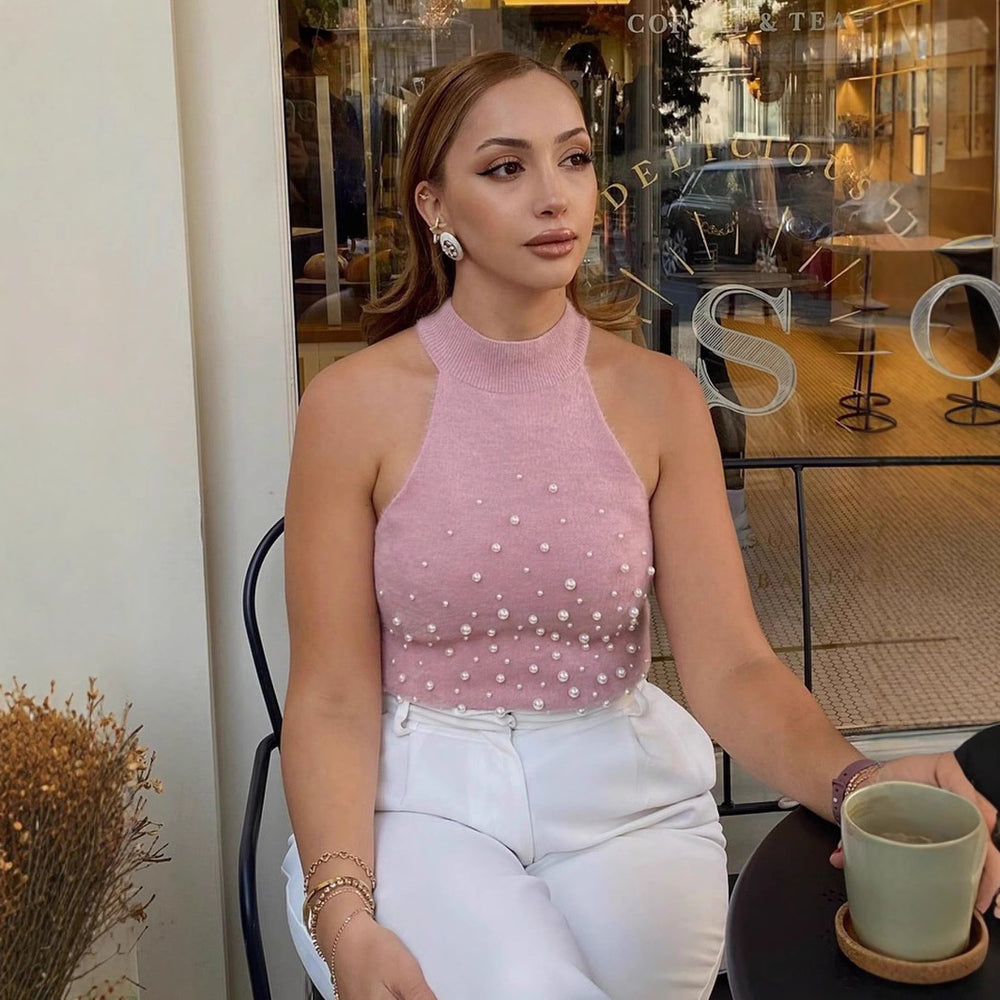 Damen ärmelloses Oberteil mit dekorativen Perlendetails Heidi-Mode