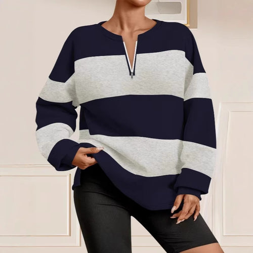 Damen Langarm Sweatshirt mit modernem Reißverschluss und gestreiftem Design Heidi-Mode