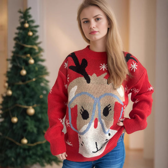 Damen festlicher Pullover mit weihnachtlichem Rentier-Motiv und lockerer Passform Heidi-Mode