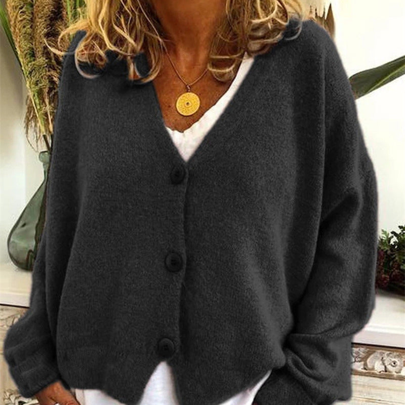 Damen lässiger Strickcardigan mit tiefem V-Ausschnitt und großen Knöpfen Heidi-Mode