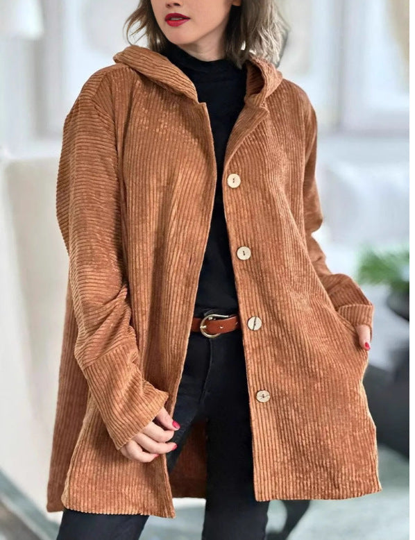Damen Lässige cordjacke mit Kapuze und großen Knöpfen Heidi-Mode