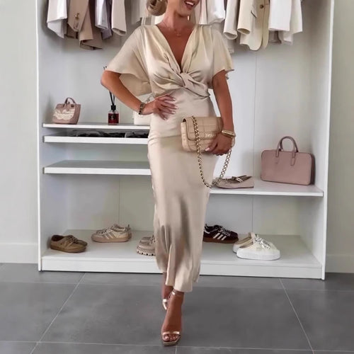 Damen Knielanges Satin-Kleid mit Kreuz-Design Heidi-Mode