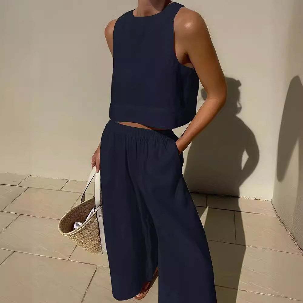 Damen luftiges und modernes Leinen-Set mit Cropped Top und weitem Hose Heidi-Mode