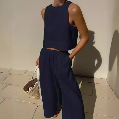 Damen luftiges und modernes Leinen-Set mit Cropped Top und weitem Hose Heidi-Mode