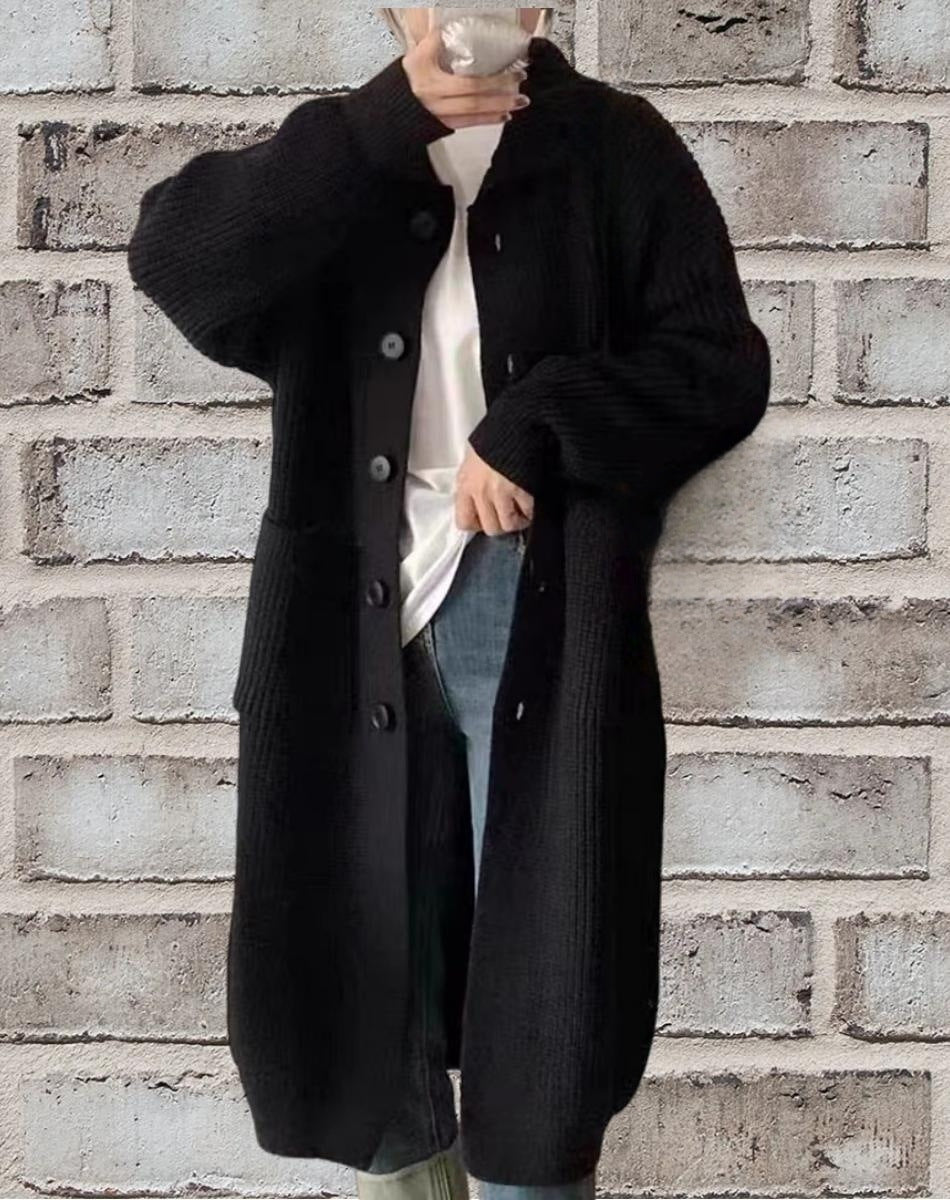 Damen Länger geschnittener Strickcardigan mit Knopfverschluss und aufgesetzten Taschen Heidi-Mode