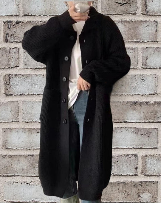 Damen Länger geschnittener Strickcardigan mit Knopfverschluss und aufgesetzten Taschen Heidi-Mode