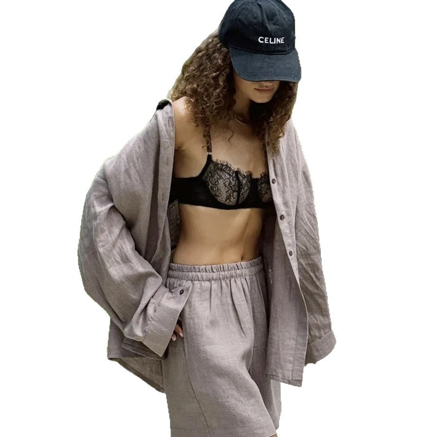 Damen lässiges Leinen Set mit lockerer Bluse und Shorts Heidi-Mode