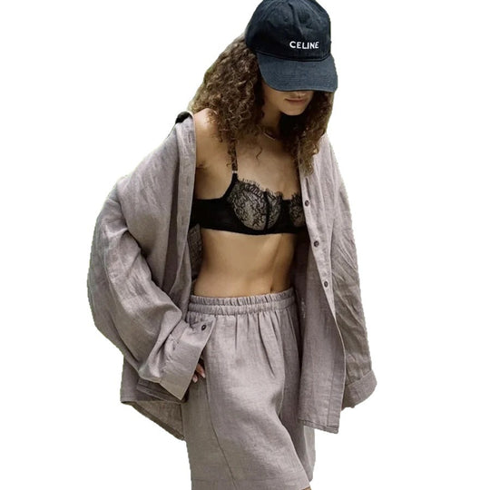 Damen lässiges Leinen Set mit lockerer Bluse und Shorts Heidi-Mode