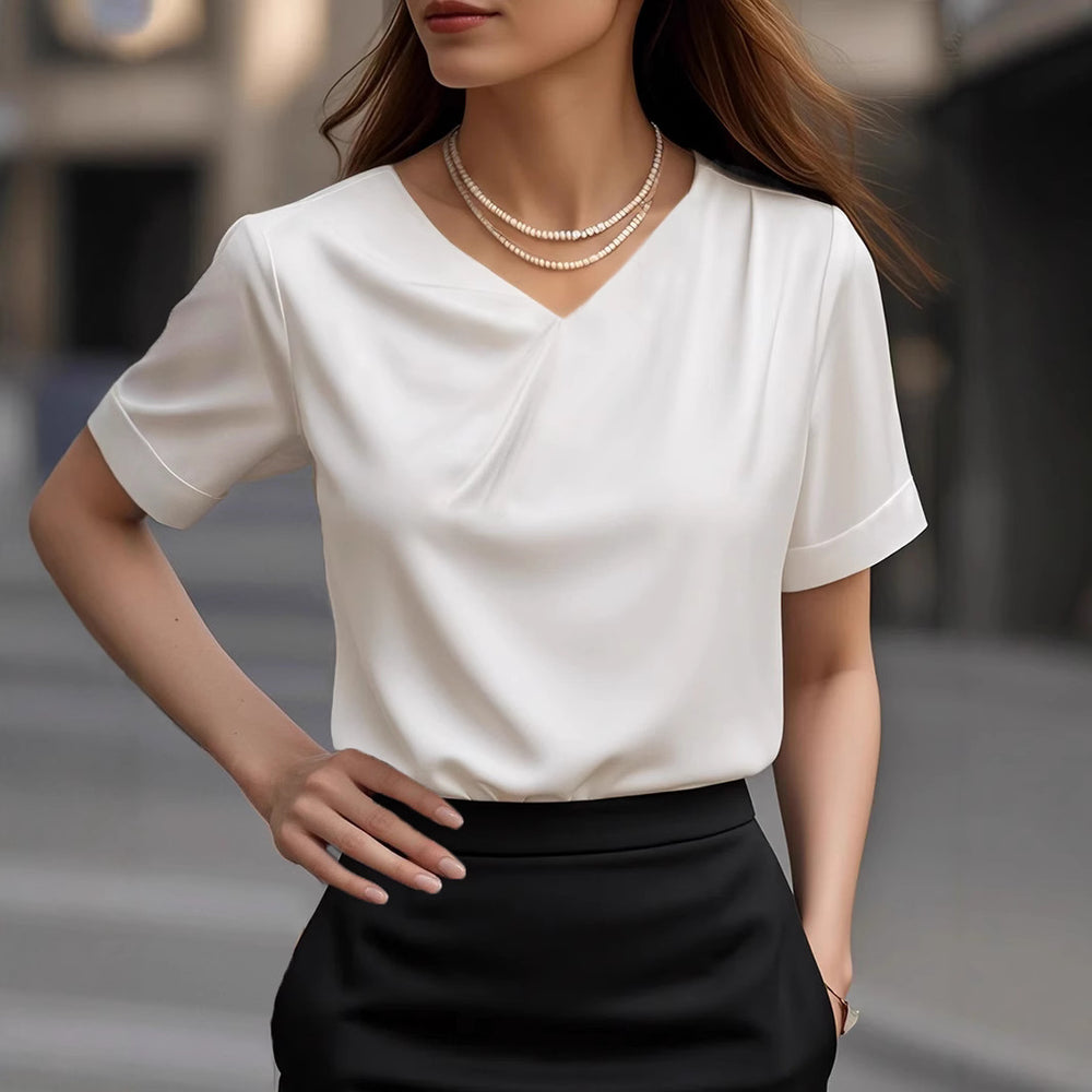 Damen Elegantes V-Ausschnitt Blusenshirt mit kurzärmeligen Design Heidi-Mode