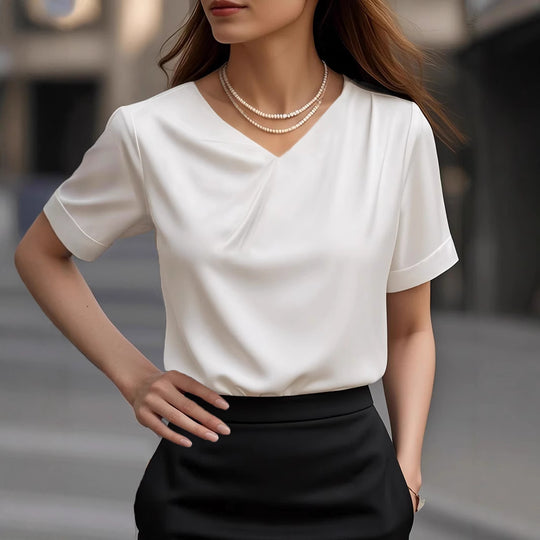 Damen Elegantes V-Ausschnitt Blusenshirt mit kurzärmeligen Design Heidi-Mode