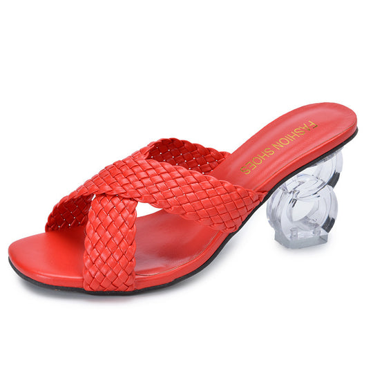 Damen Sandalen mit durchsichtigen Blockabsätzen und geflochtenem Riemchen Heidi-Mode