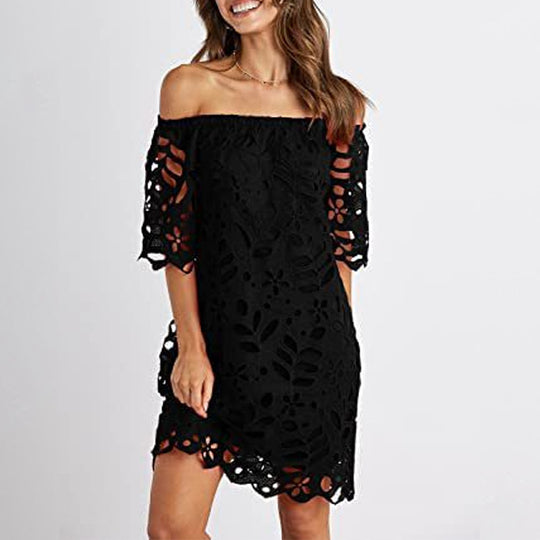 Damen Off-Shoulder Kleid mit floralen Cut-Outs und luftigen Ärmeln Heidi-Mode