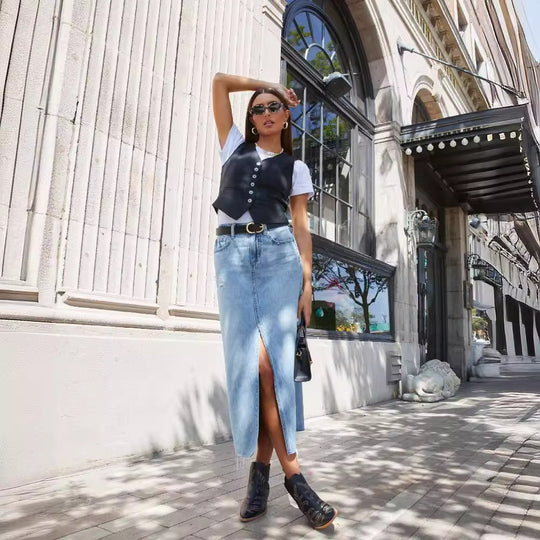 Damen Jeansrock mit modischem Schlitz und lässigem Schnitt Heidi-Mode