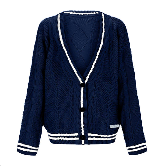 Damen Grobstrick Cardigan mit tiefem V-Ausschnitt und kontrastierenden Knopfdetails Heidi-Mode