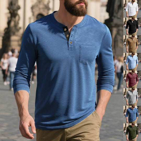 Herren Langarmshirt mit Knopfleiste und Brusttasche Heidi-Mode
