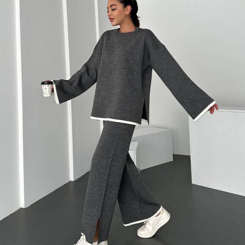 Damen lässiger Strickanzug mit weitem Schnitt und seitlichen Schlitzen Heidi-Mode