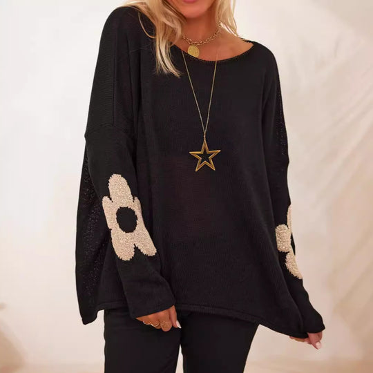 Damen grob gestrickter Pullover mit floralem Design und weitem Schnitt Heidi-Mode