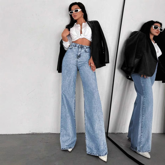 Damen Weite Flared Jeans mit hohem Bund und modischen Rissdetails Heidi-Mode
