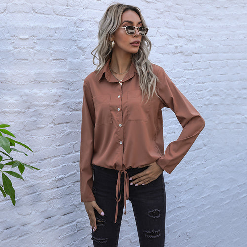 Damen Elegante Bluse mit Krawattenverschluss und Brusttaschen Heidi-Mode