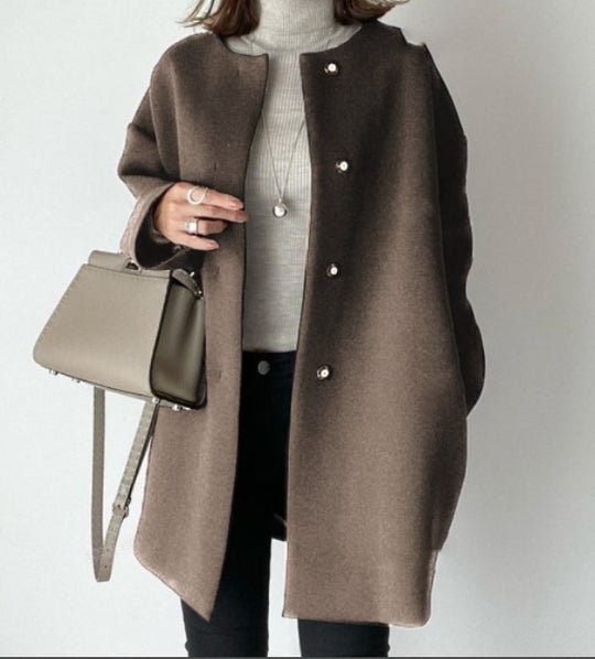 Damen Eleganter Oversized Wollmantel mit Doppelknopf-Verschluss und seitlichen Taschen Heidi-Mode