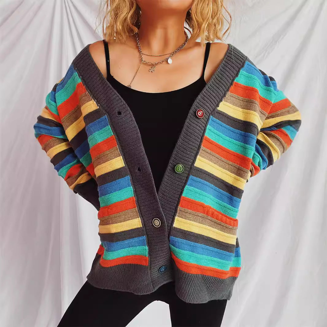 Damen Strickjacke mit buntem Streifenmuster und knöpfbarem Design Heidi-Mode
