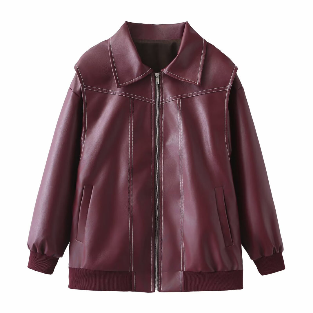 Damen modische Lederjacke mit strukturiertem Kragen und praktischen Taschen Heidi-Mode