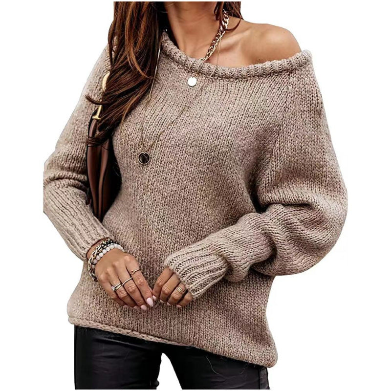 Damen lässiger Pullover mit offenem Schulterdesign und weichem Strick Heidi-Mode
